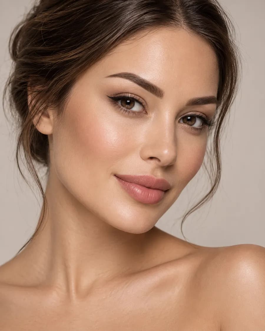 Close-up portrait showing softly defined brows and lip colour