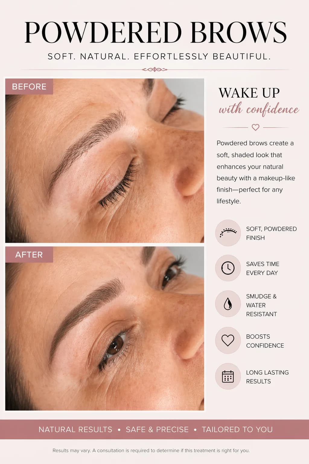 A second powder brows before and after, showing a softly shaded brow shape replacing a faint natural brow.