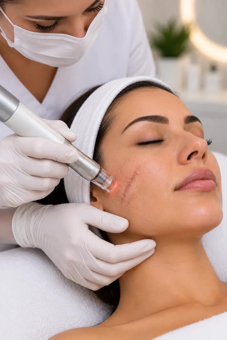 A corrective treatment being carried out on a facial scar
