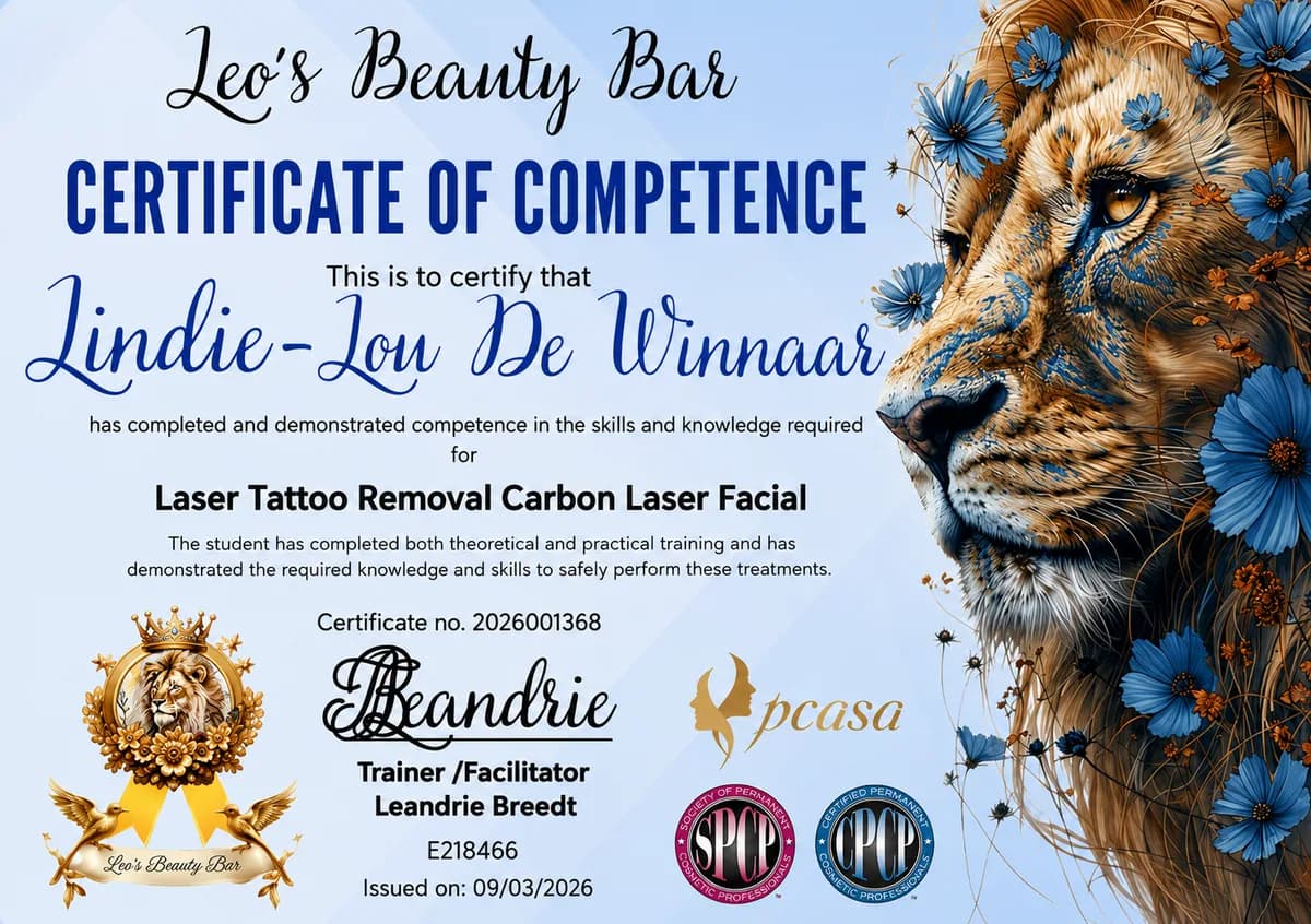 Certificate of competence in Laser Tattoo Removal and Carbon Laser Facial, issued by Leo's Beauty Bar in March 2026