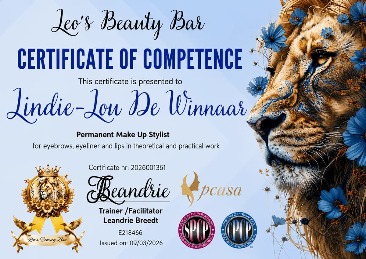 Certificate of competence in Permanent Make-up Stylist, issued by Leo's Beauty Bar in March 2026