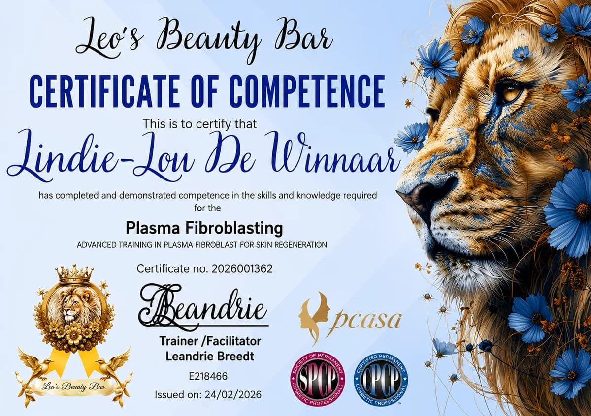 Certificate of competence in Plasma Fibroblasting, issued by Leo's Beauty Bar in February 2026