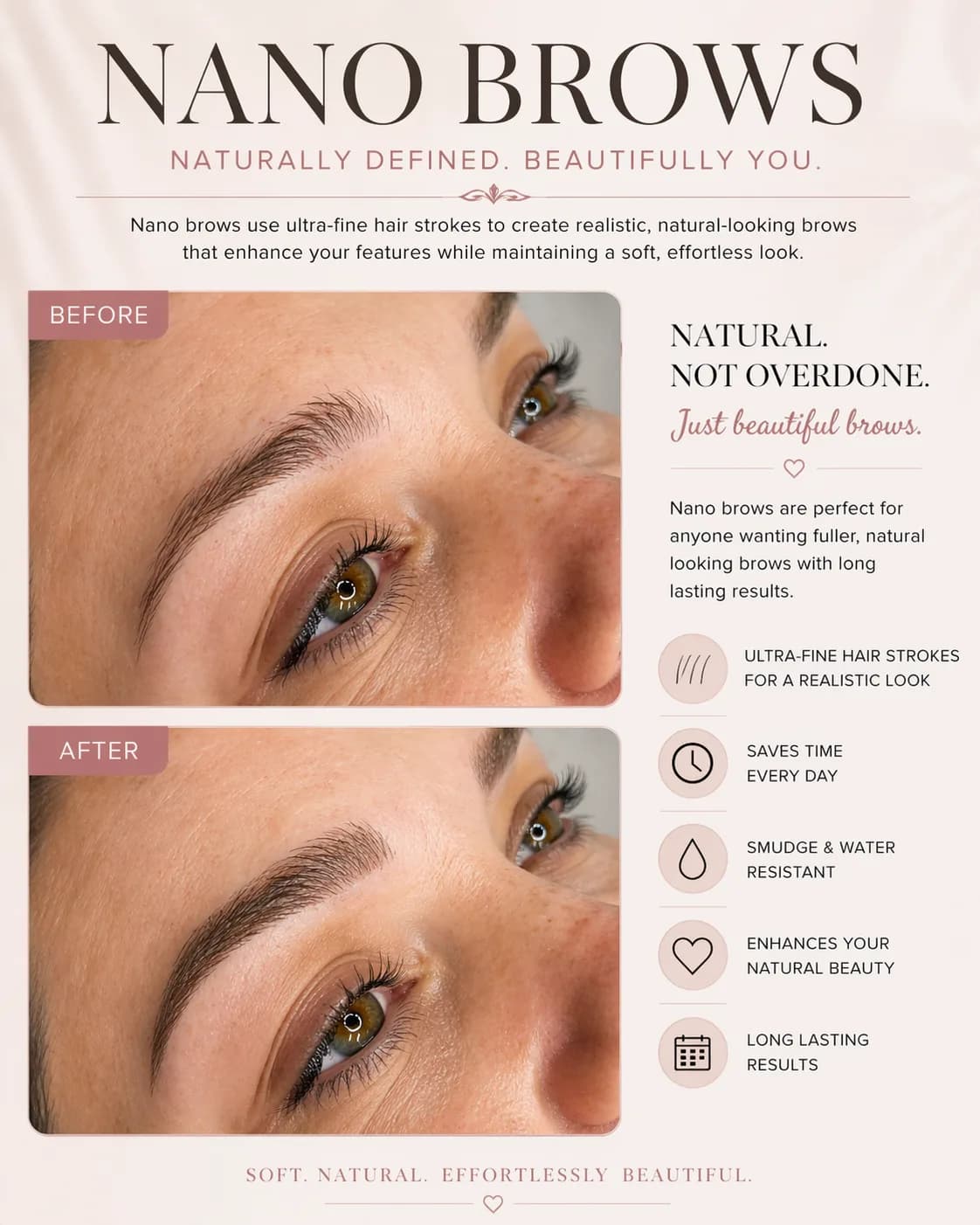 Nano brows before and after, showing ultra-fine hair-like strokes creating a fuller, natural-looking brow.