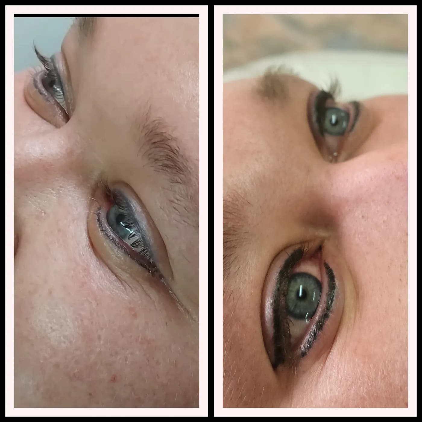 Permanent eyeliner shown before and after, with a defined line along the upper lash line