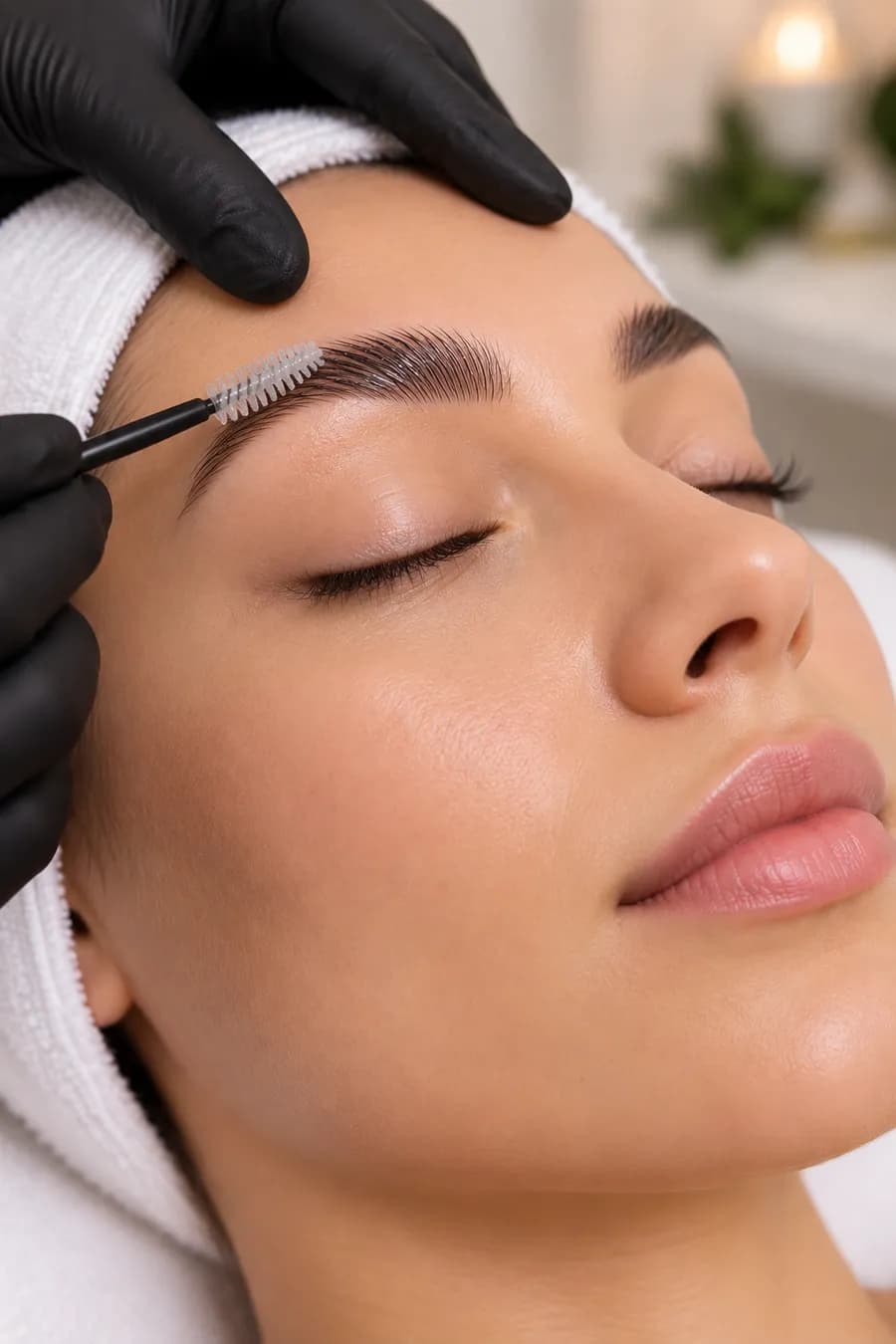 Brow hairs being combed and set upward during lamination