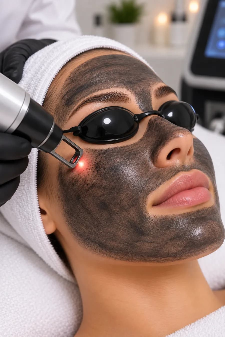 A carbon mask applied to the face, with the client wearing protective goggles as the laser passes over