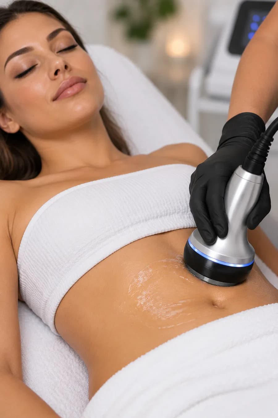 An ultrasonic cavitation handpiece being moved across the abdomen