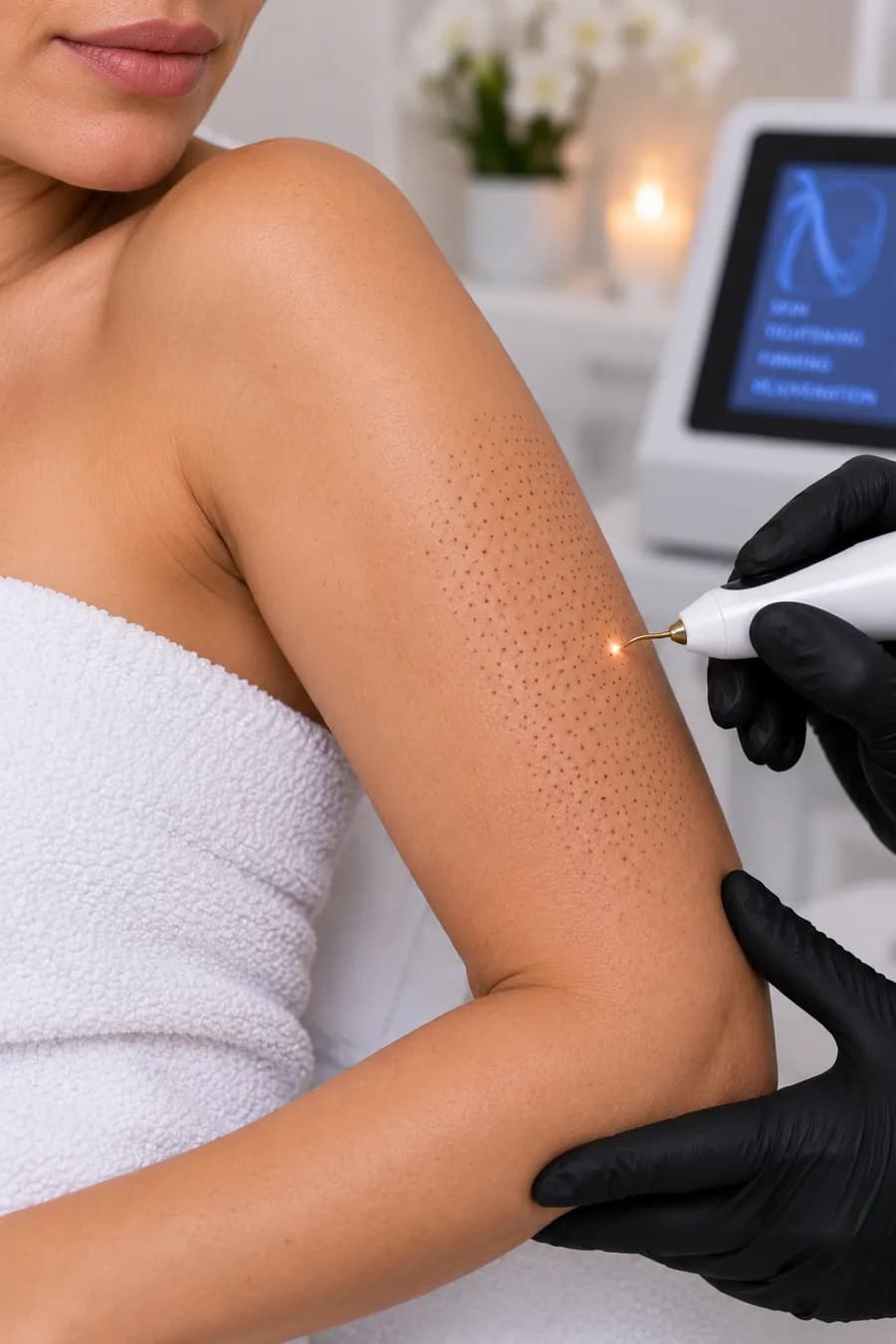 A plasma fibroblasting pen being used on the upper arm