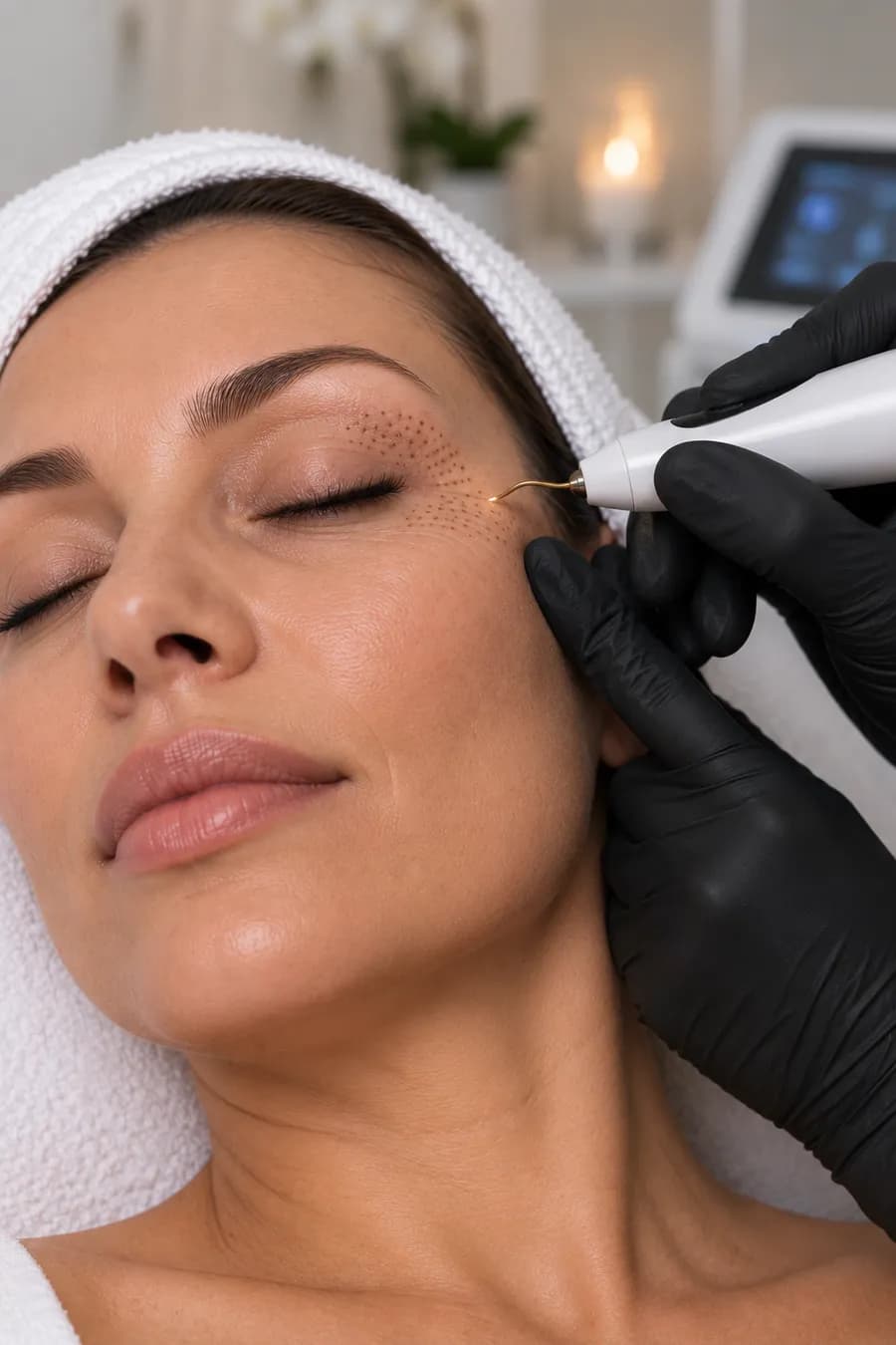 A plasma fibroblasting pen being used on the skin beside the eye