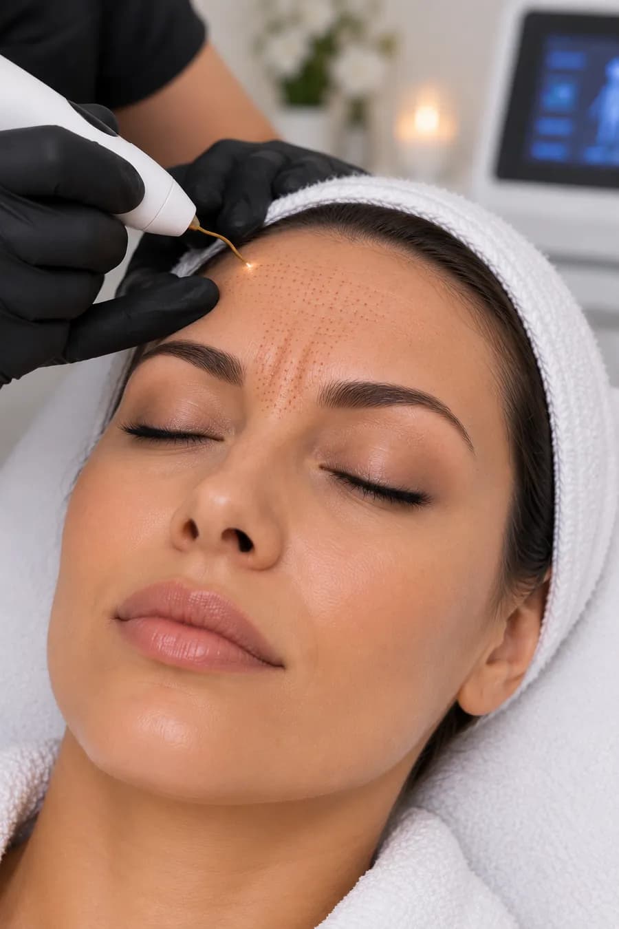 A plasma fibroblasting pen being used across the forehead and between the brows