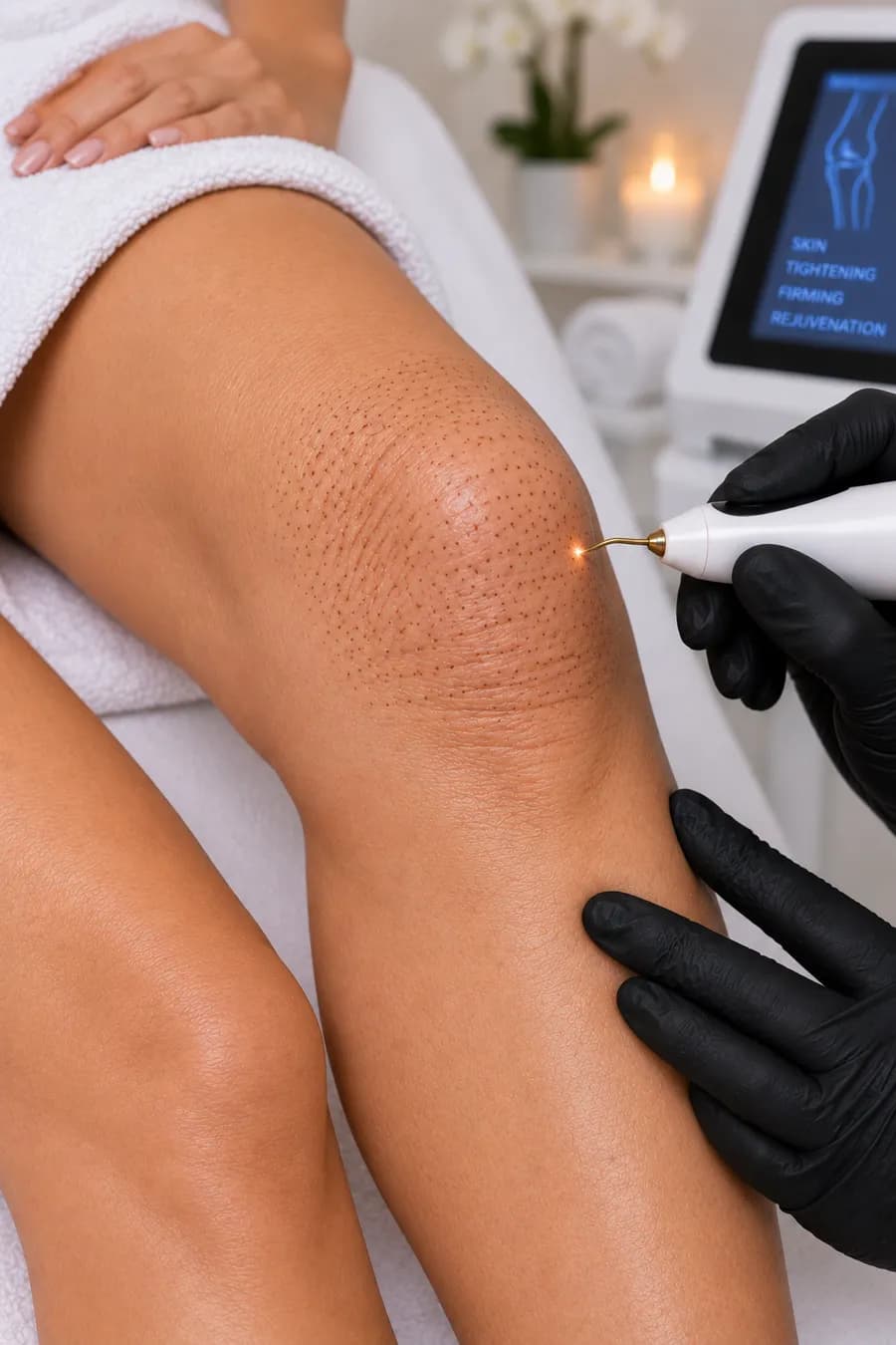 A plasma fibroblasting pen being used on the skin above the knee