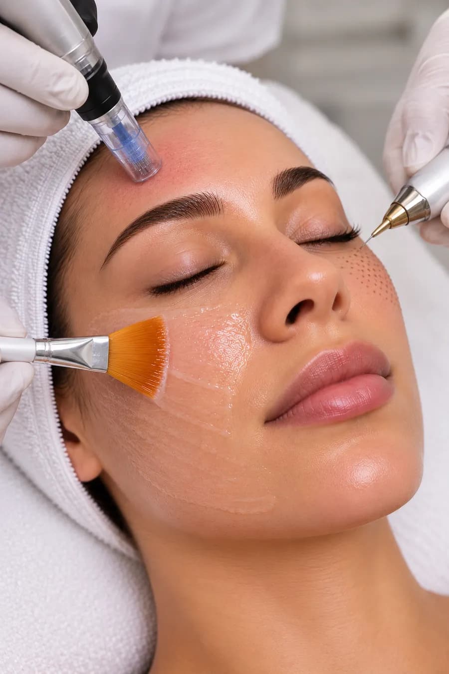 Several facial treatments in progress in one appointment, with masks and handpieces in use