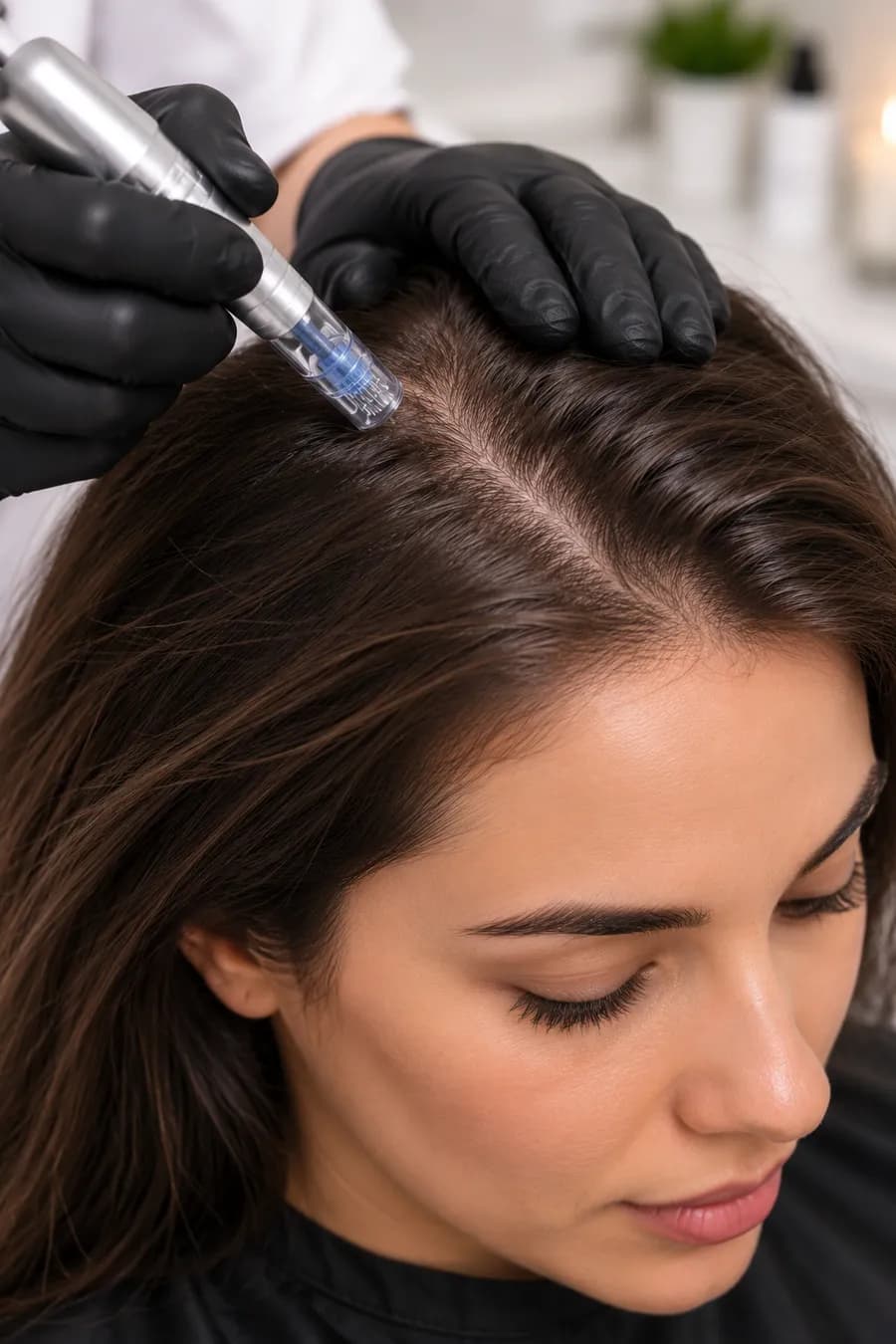 A microneedling device being worked along a sectioned parting of the scalp