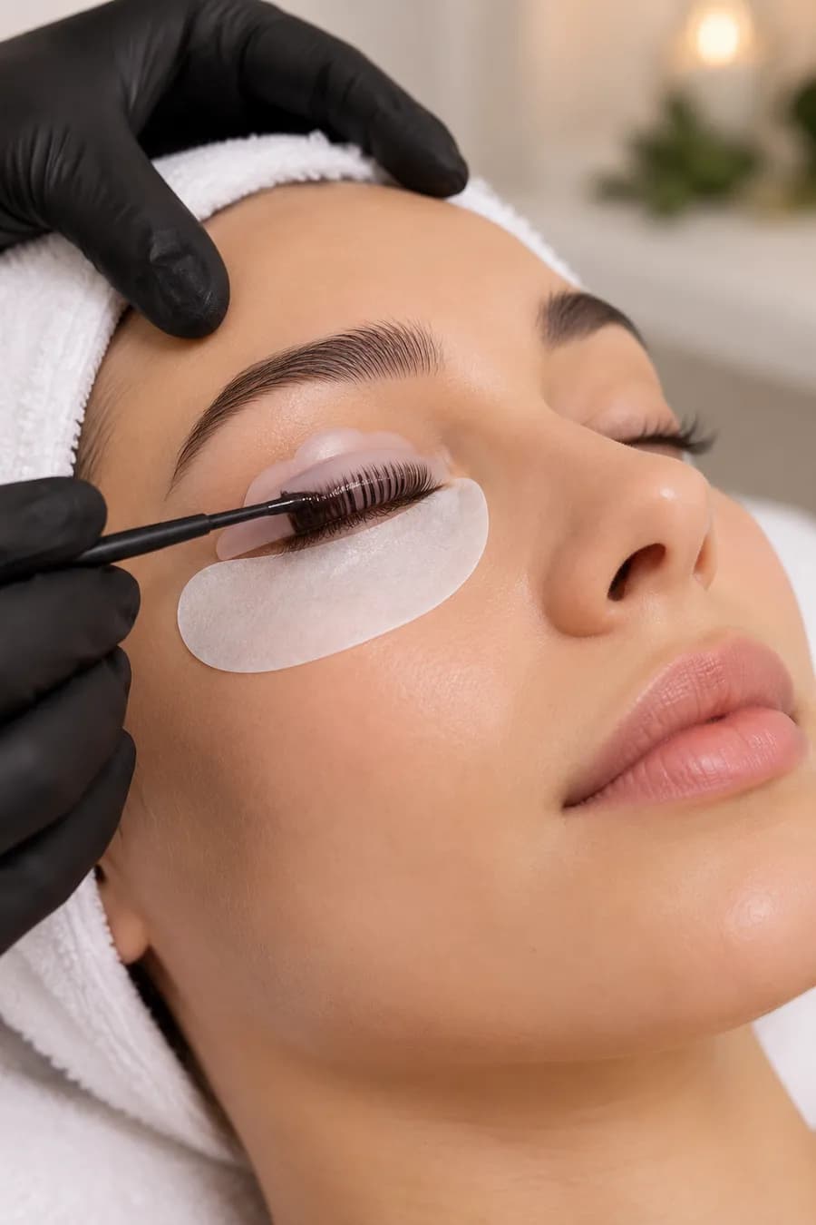 Lifting solution being brushed onto the lashes over a shield, with under-eye patches in place
