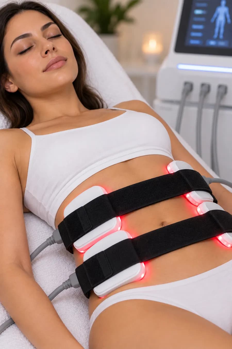 Lipo laser pads strapped across the abdomen, their red lights lit