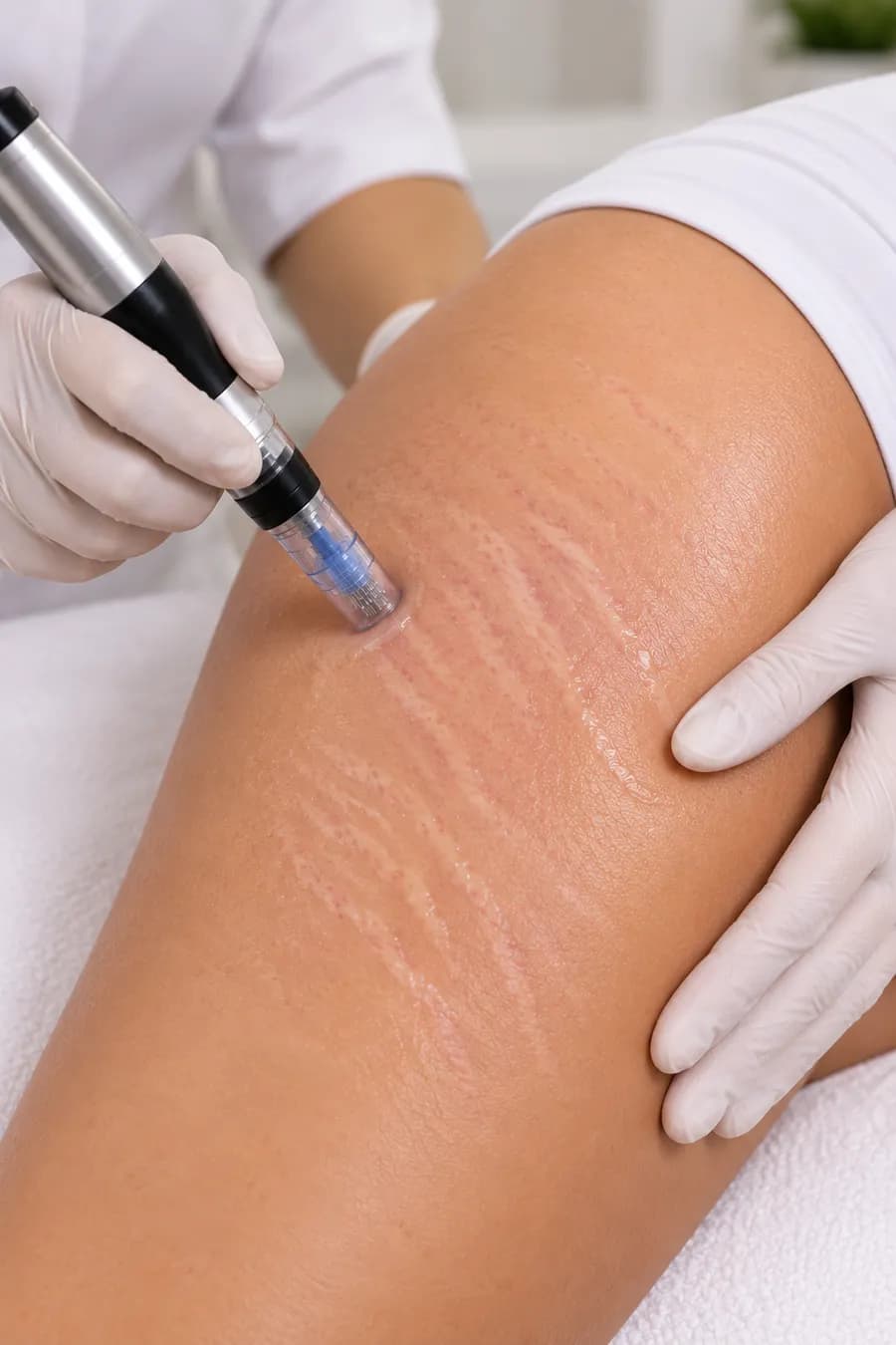 A treatment device being worked across stretch marks on the thigh